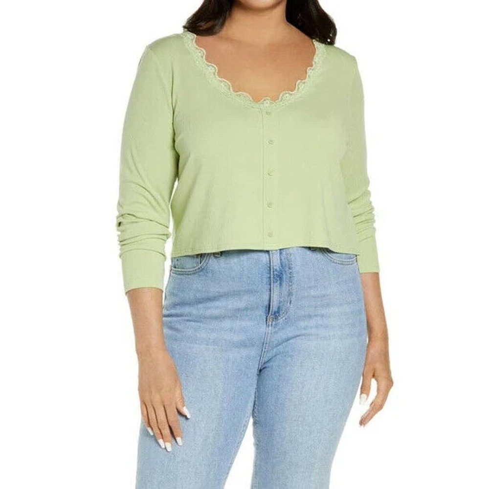 BP Womens Lace Trim Button Front Top In Green Lime Cream Size 2X